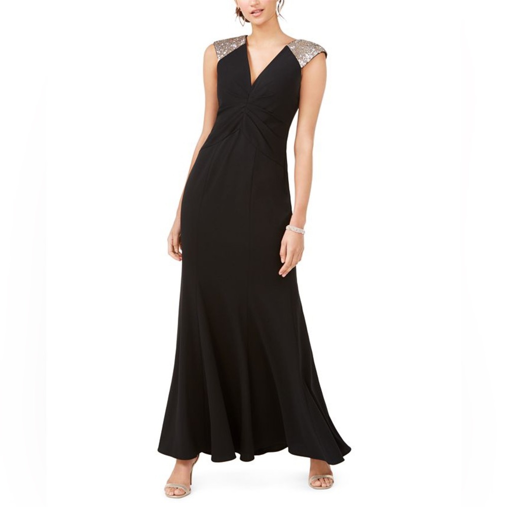 Vince Camuto Black Evening Gown with Gold Sequin Cap Sleeves